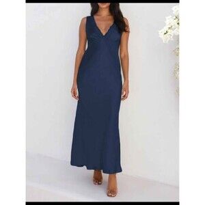BAGONE Summer Satin Lace V Neck Backless Wedding Guest Maxi dress size XS